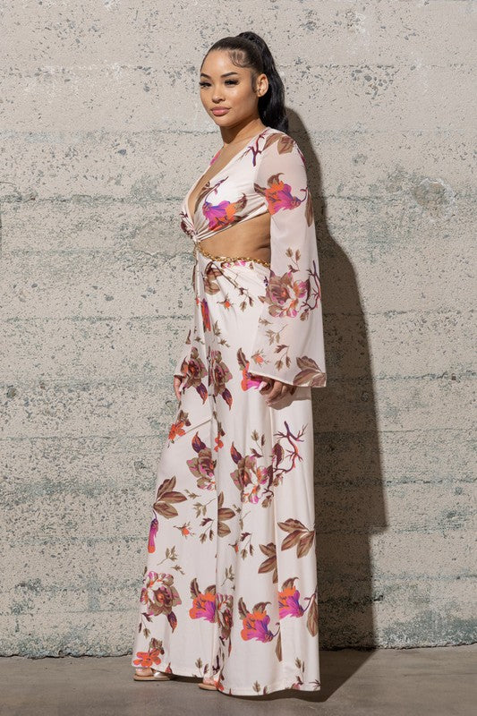 Tropical Dreams O Ring Cutout Flower Print Jumpsuit