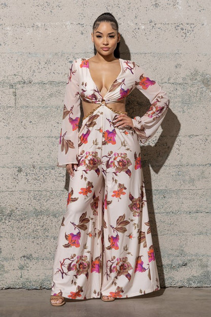Tropical Dreams O Ring Cutout Flower Print Jumpsuit