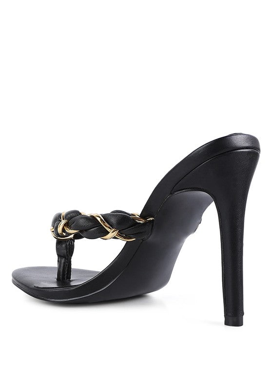 Drama Gold Detail Pointed Toe High Heels Thong Mules