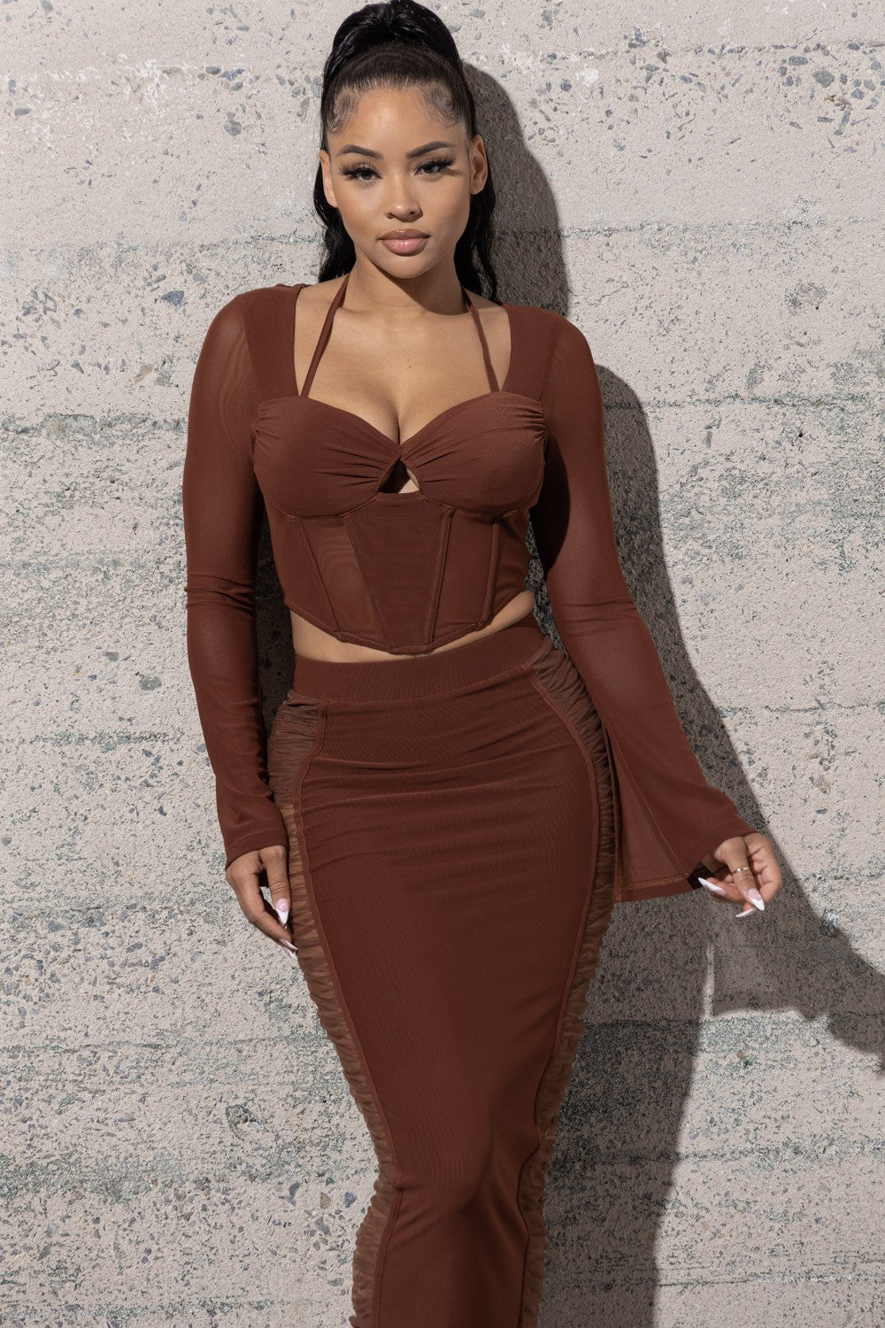 Paris Two Piece Mesh Bustier Top And Skirt Set