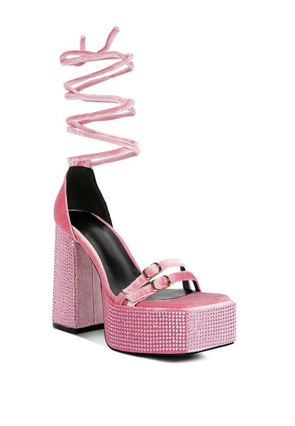 Diamante Princess Lace Up Velvet Platform Heels