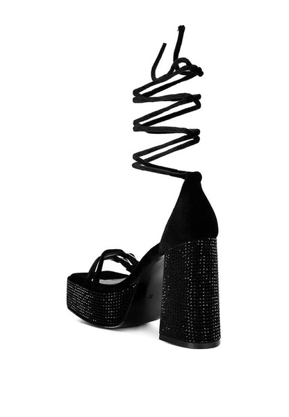 Diamante Princess Lace Up Velvet Platform Heels