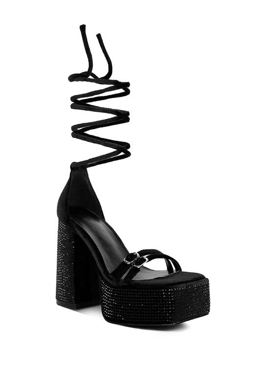 Diamante Princess Lace Up Velvet Platform Heels