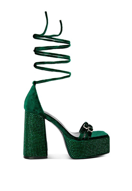 Diamante Princess Lace Up Velvet Platform Heels