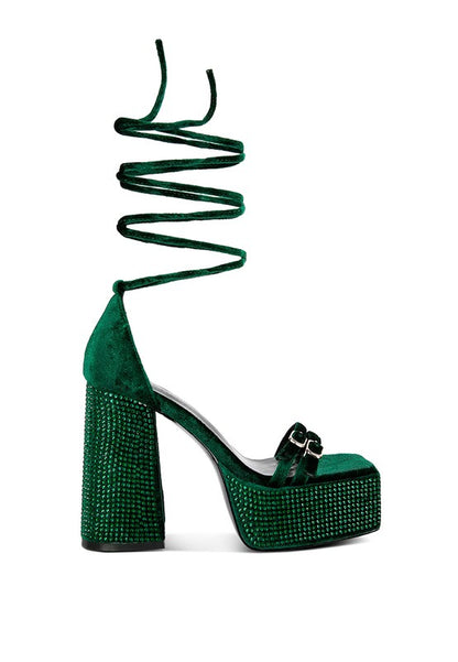 Diamante Princess Lace Up Velvet Platform Heels