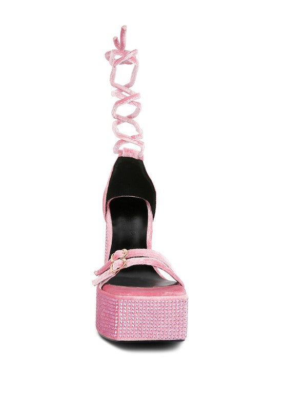 Diamante Princess Lace Up Velvet Platform Heels
