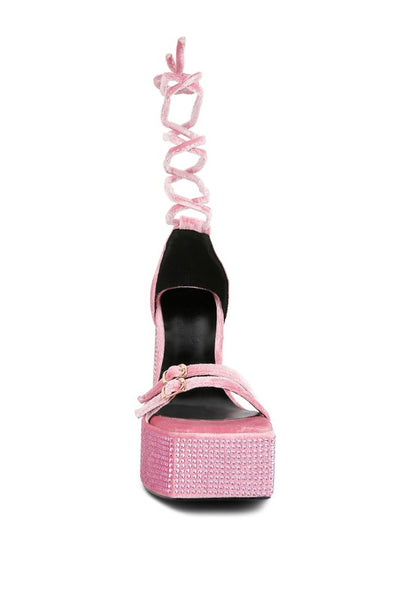Diamante Princess Lace Up Velvet Platform Heels