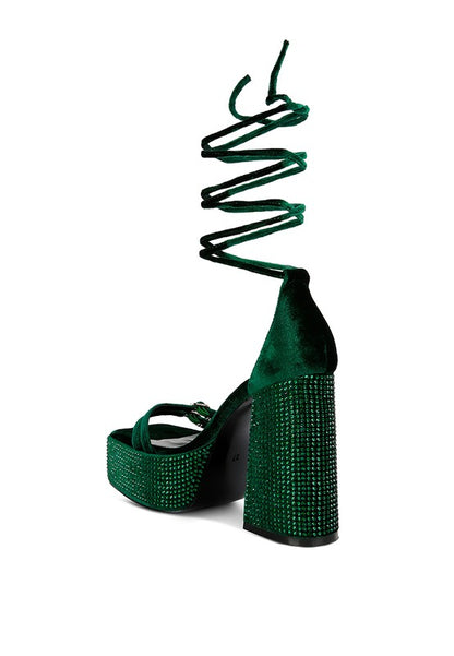 Diamante Princess Lace Up Velvet Platform Heels