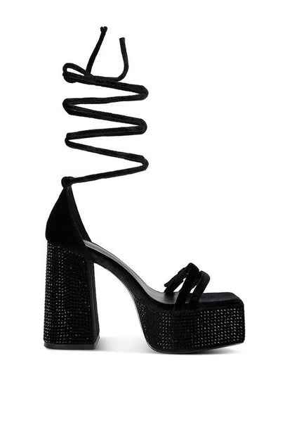 Diamante Princess Lace Up Velvet Platform Heels
