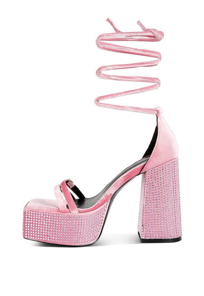 Diamante Princess Lace Up Velvet Platform Heels