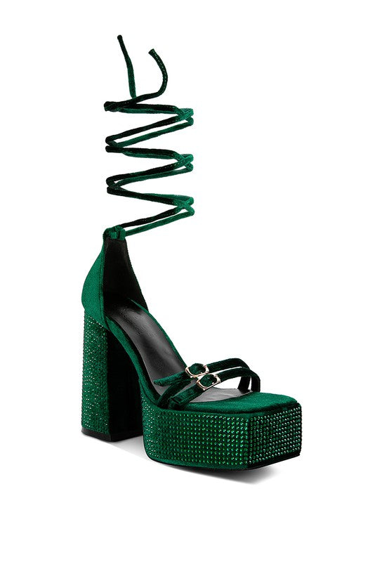 Diamante Princess Lace Up Velvet Platform Heels