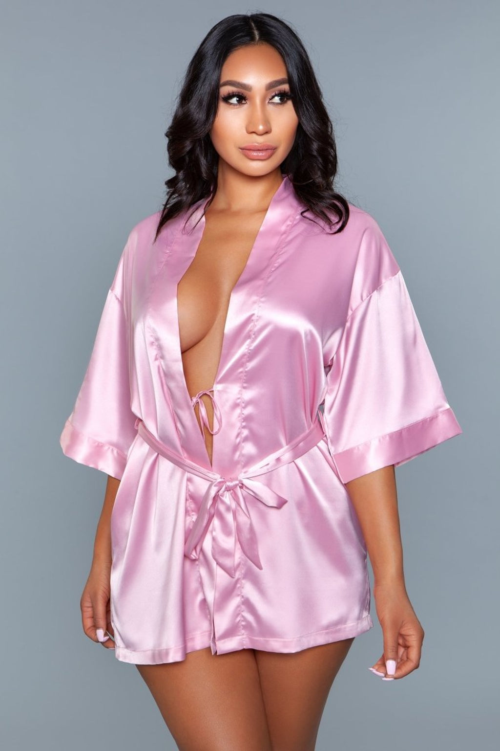 Prissy Short Sleeve Tie Front Satin Robe