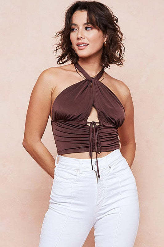 Try Again Babe Halterneck Ruched Crop Top