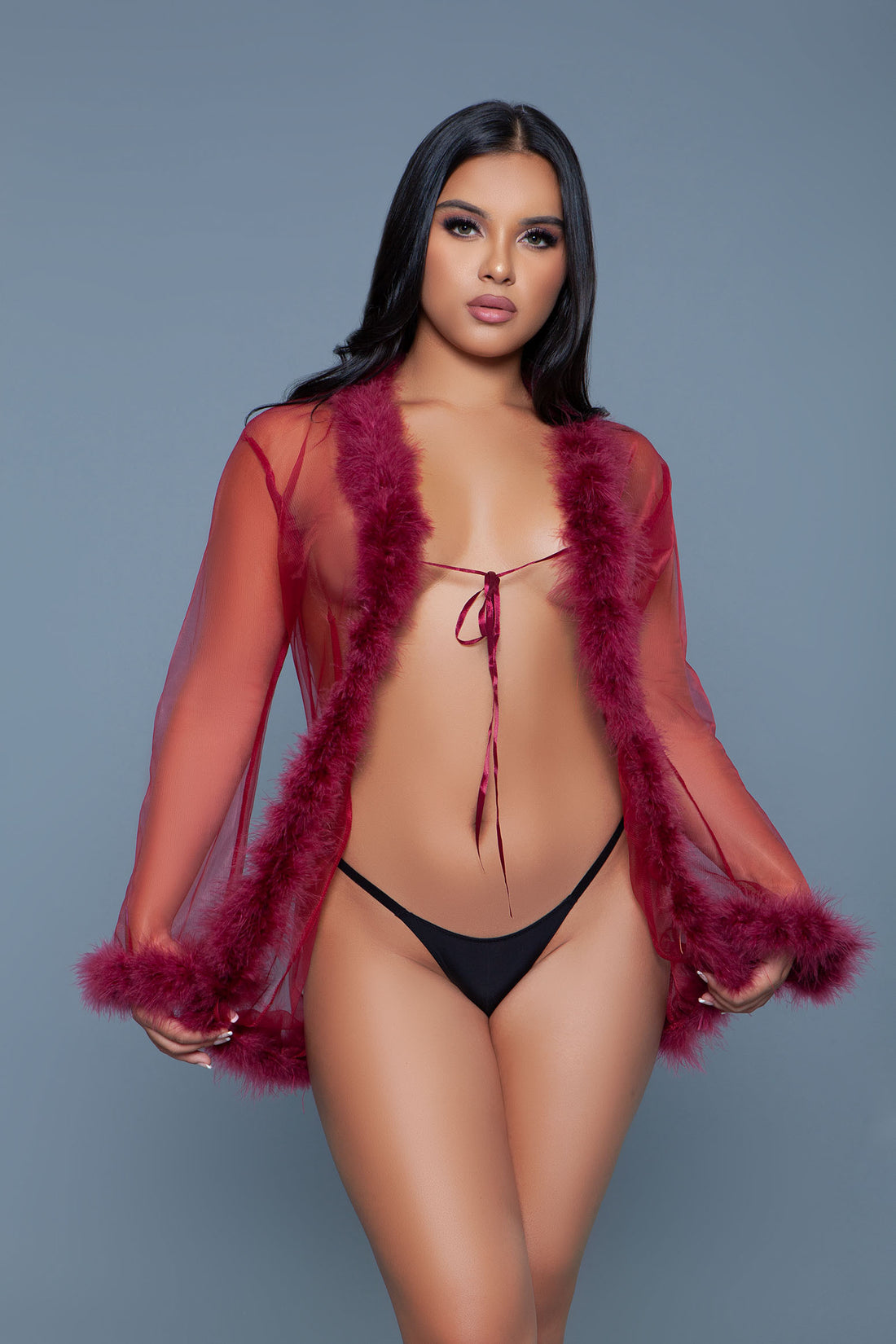 Penthouse Barbie Short Fur Trim Sheer Robe