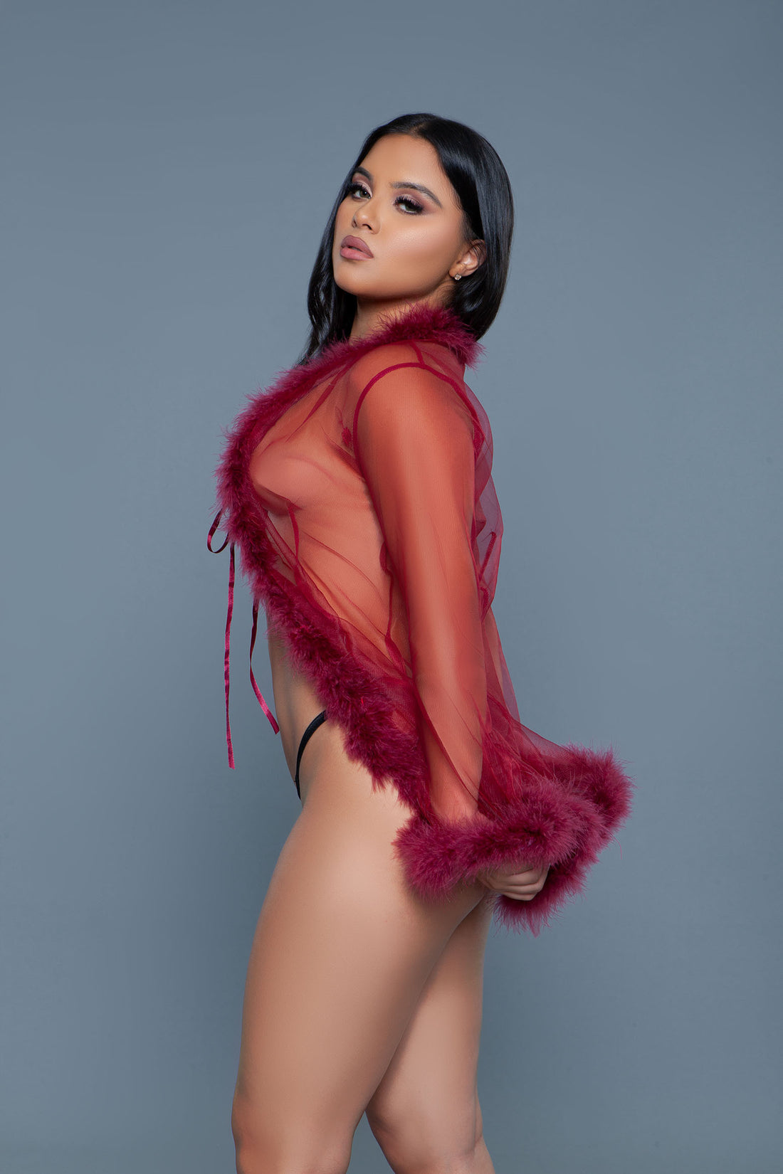 Penthouse Barbie Short Fur Trim Sheer Robe