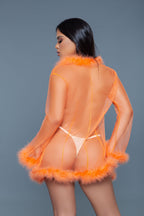 Penthouse Marabou Fur Trim Sheer Open Front Short Robe