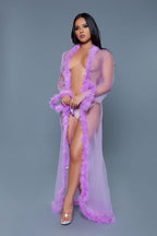 Penthouse Marabou Fur Trim Sheer Open Front Long Robe