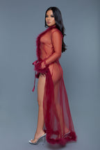 Penthouse Marabou Fur Trim Sheer Open Front Long Robe