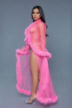 Penthouse Marabou Fur Trim Sheer Open Front Long Robe