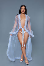 Penthouse Marabou Fur Trim Sheer Open Front Long Robe