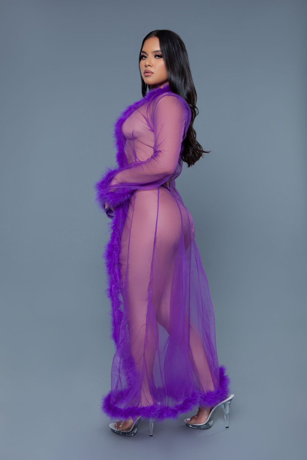 Penthouse Marabou Fur Trim Sheer Open Front Long Robe