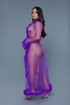 Penthouse Marabou Fur Trim Sheer Open Front Long Robe