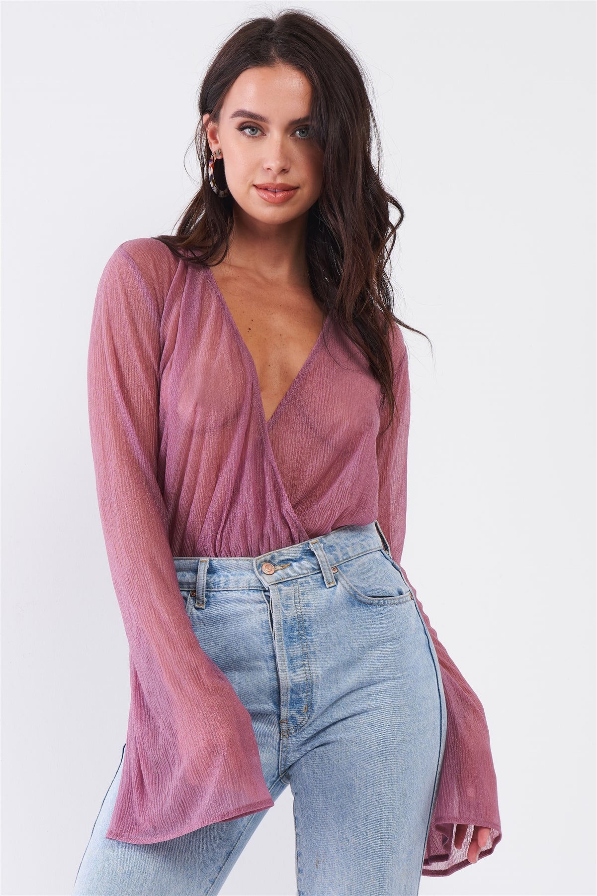 Eat Your Heart Out Bell Sleeve Plunge V Neck Bodysuit