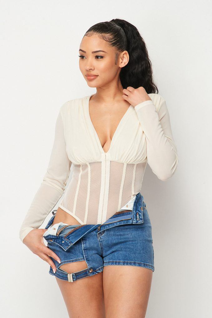 Rachel Deep V Long Sleeve Hook & Eye Mesh Bodysuit