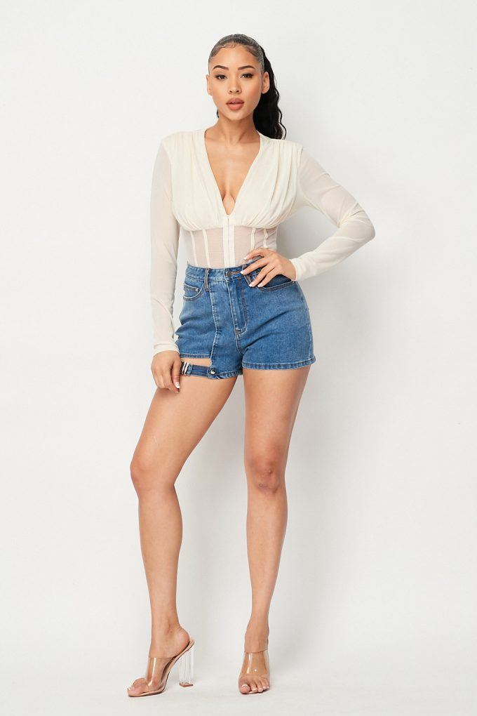 Rachel Deep V Long Sleeve Hook & Eye Mesh Bodysuit
