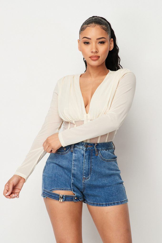 Rachel Deep V Long Sleeve Hook & Eye Mesh Bodysuit