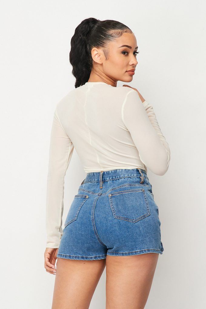 Rachel Deep V Long Sleeve Hook & Eye Mesh Bodysuit