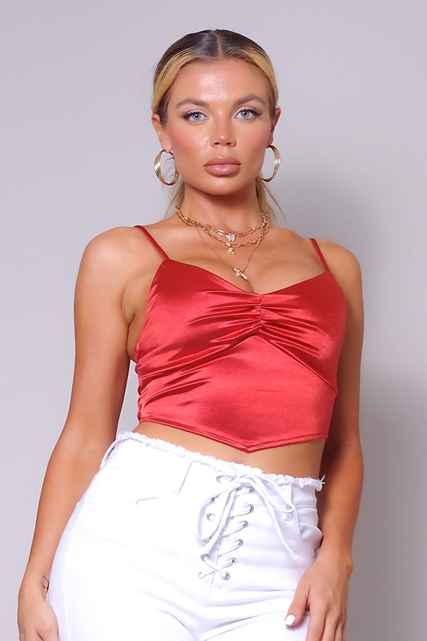 Effortless Ruched Front Satin Cami Crop Top