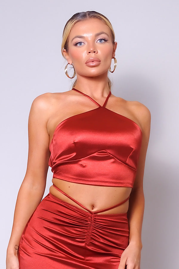Keep Up With Me Lace-Up Back Satin Crop Top