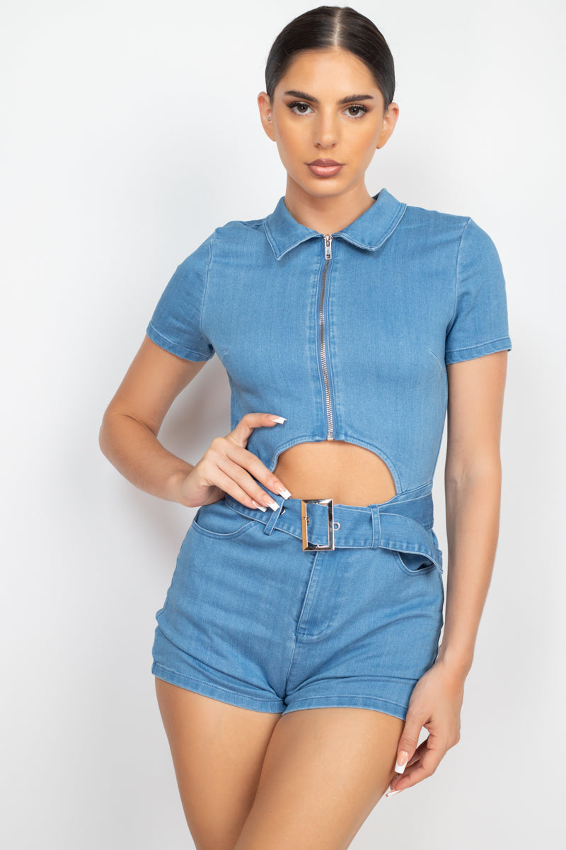 Round The Way Girl Cut Out Front Denim Romper