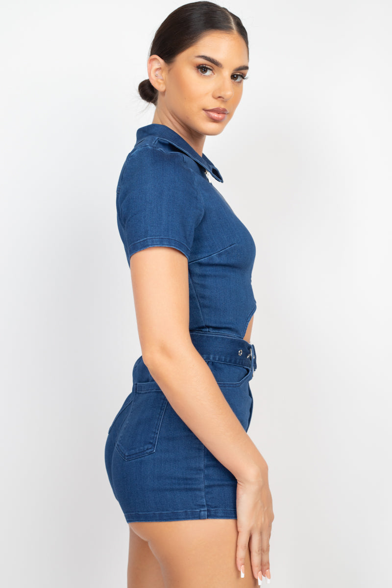Round The Way Girl Cut Out Front Denim Romper