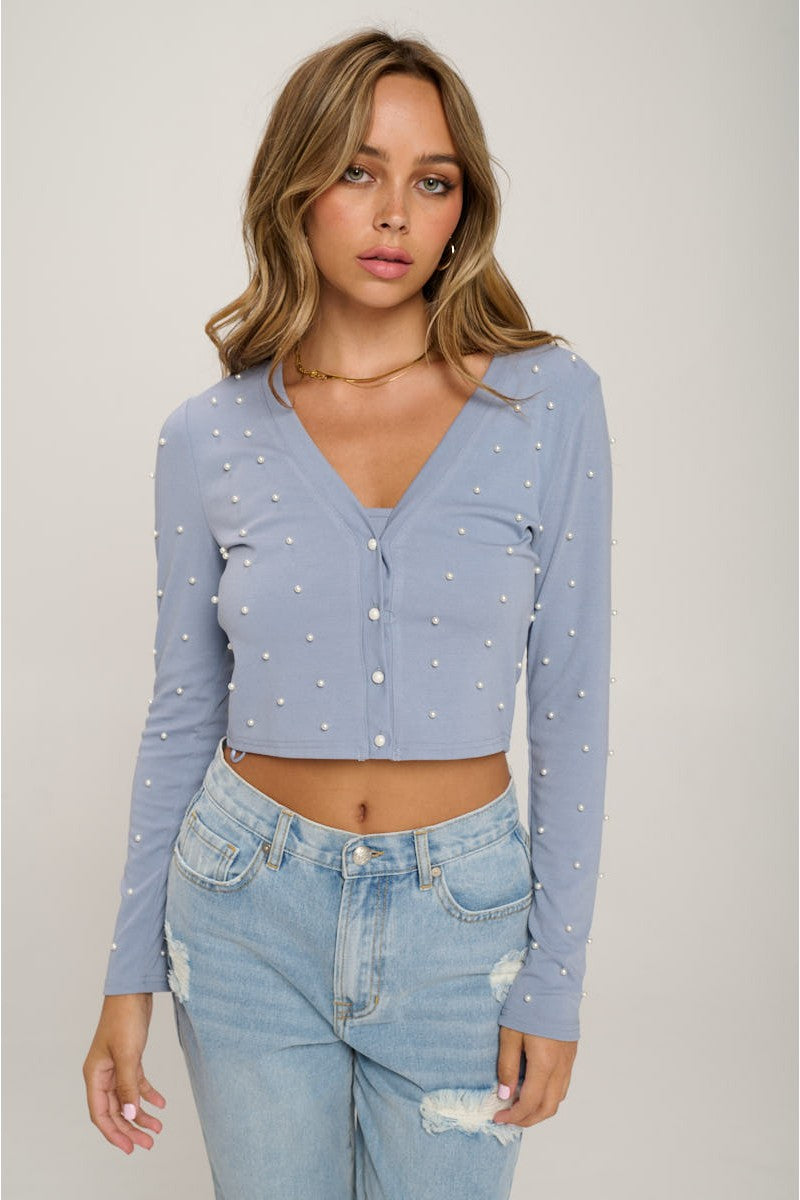 XoXo Faux Pearl Crop Top And Cardigan Set