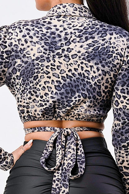 So Into You Animal Print Collared Tie Up Wrap Top