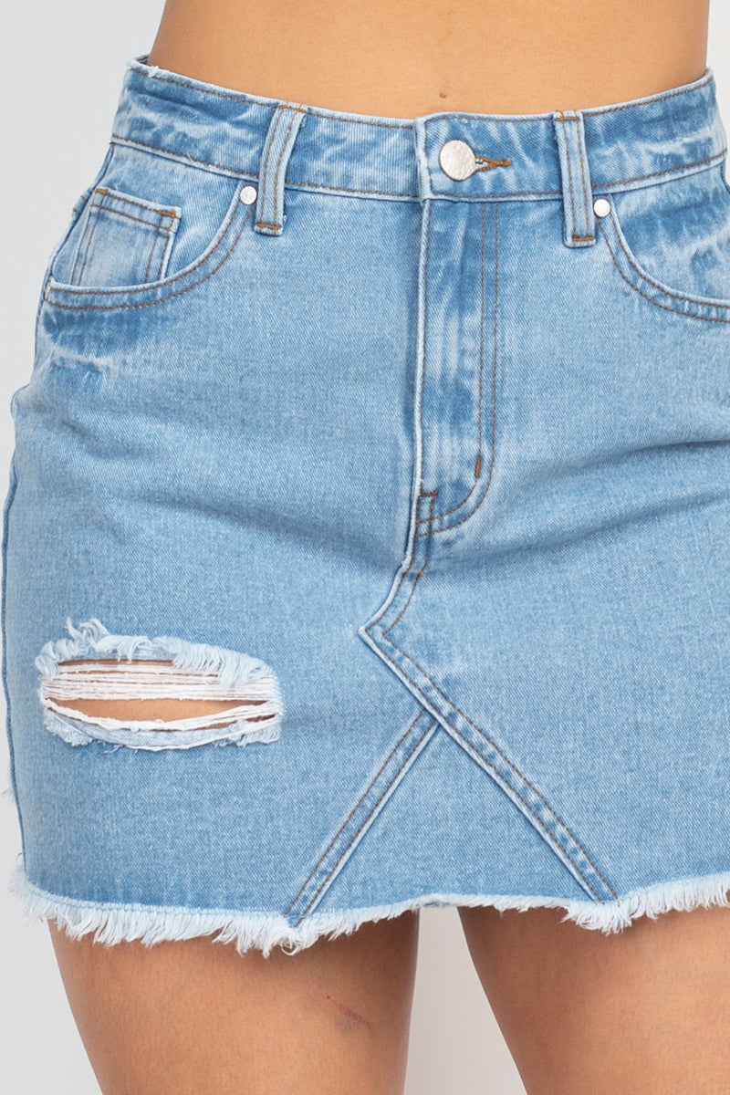 Flirty Girlie Ripped Detail Raw Hem Denim Mini Skirt