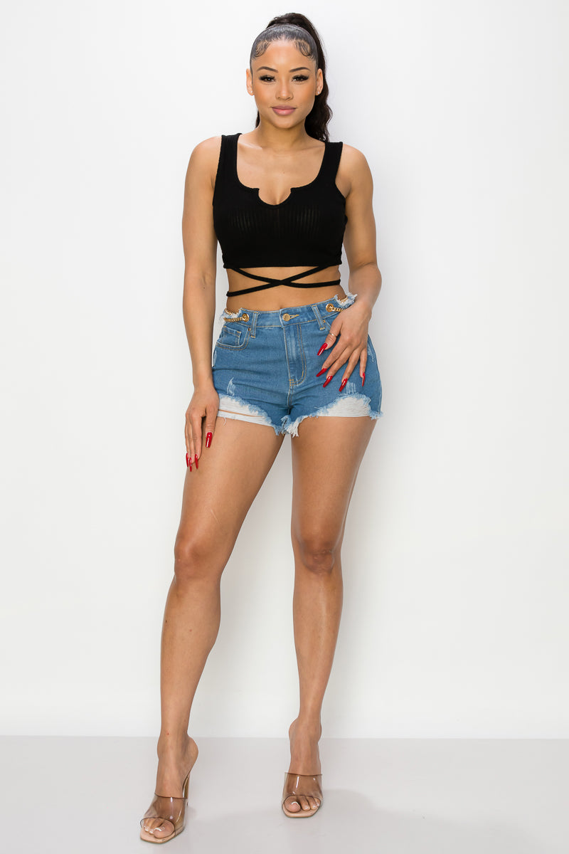 Party Girl Side Chain Detailed Ripped Hem Denim Shorts