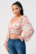Florence Sweetheart Neckline Smocked Floral Print Crop Top