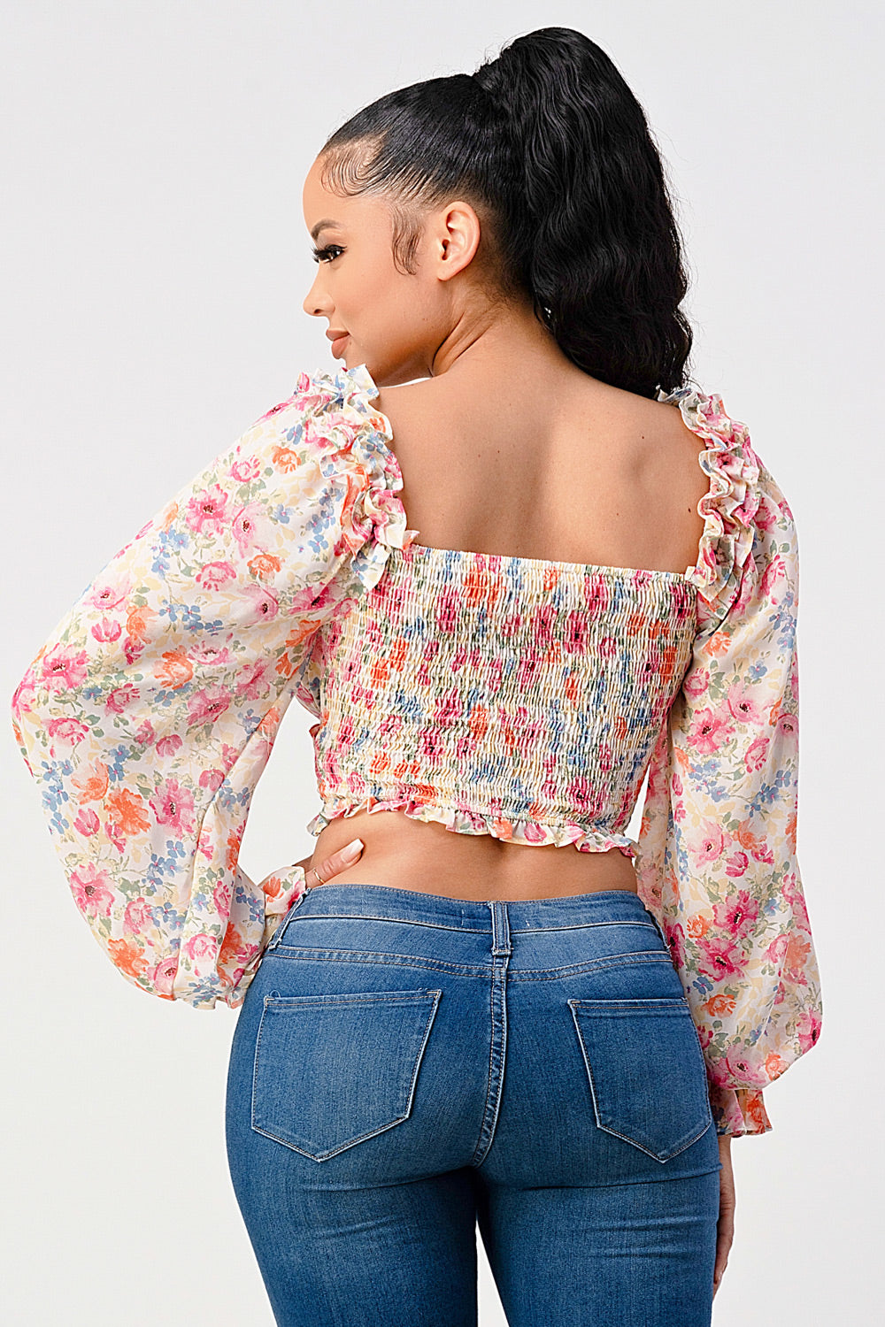 Florence Sweetheart Neckline Smocked Floral Print Crop Top