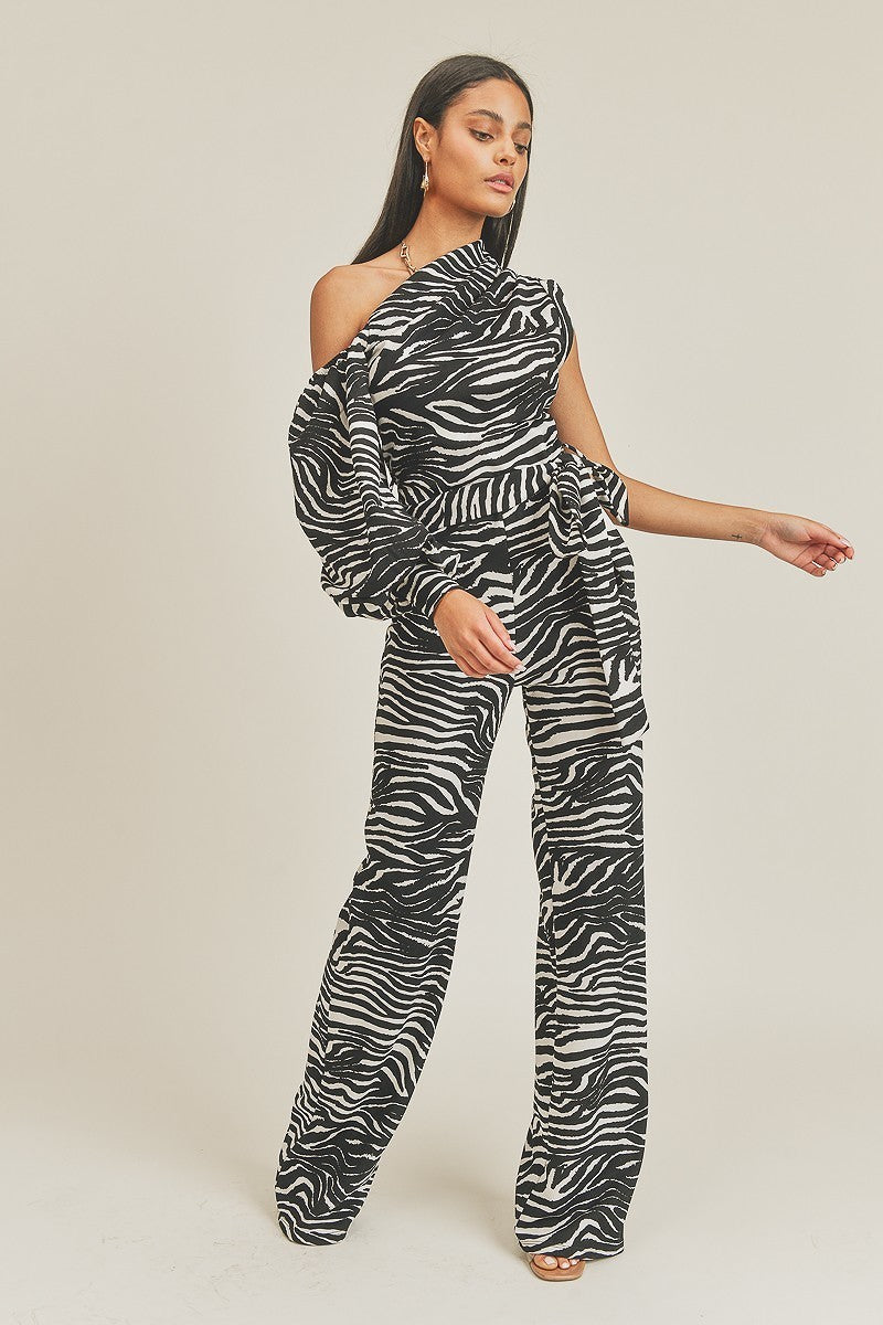 Living The Dream One Shoulder Zebra Print Jumpsuit