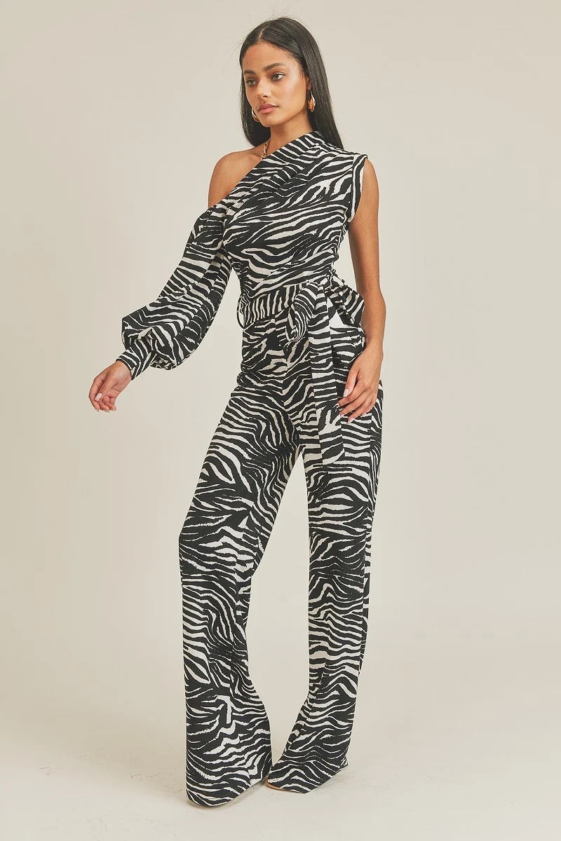 Living The Dream One Shoulder Zebra Print Jumpsuit