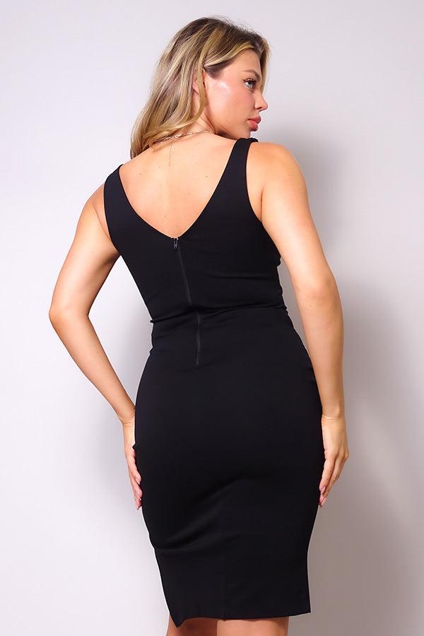 Marilyn Deep V Plunge Neck Front Slit Bodycon Midi Dress