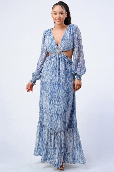 Summer Beauty Bell Sleeves Side Cut Out Floral Maxi Dress