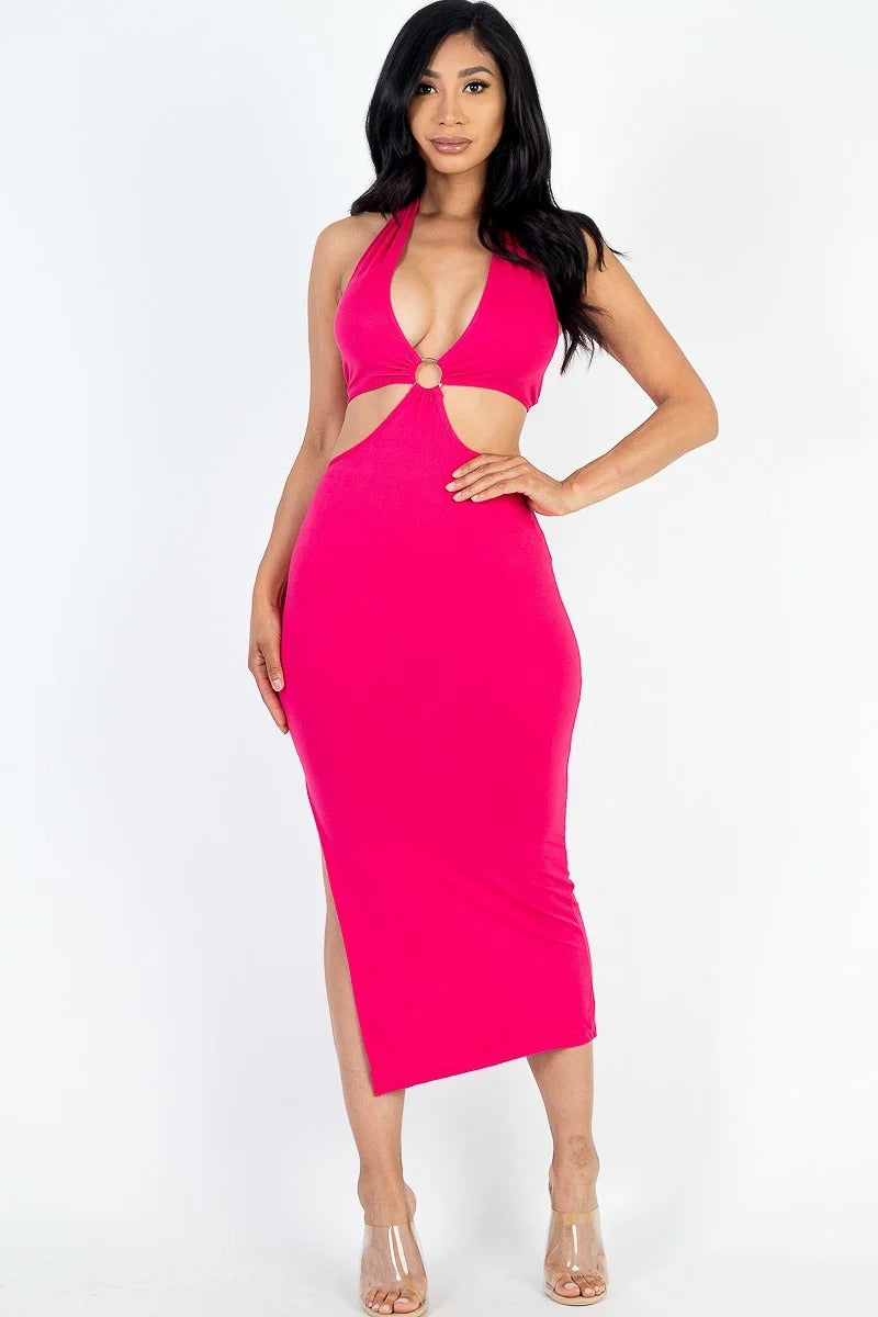 Casual Luxe Halter Neck Cut Out Split Thigh Midi Dress