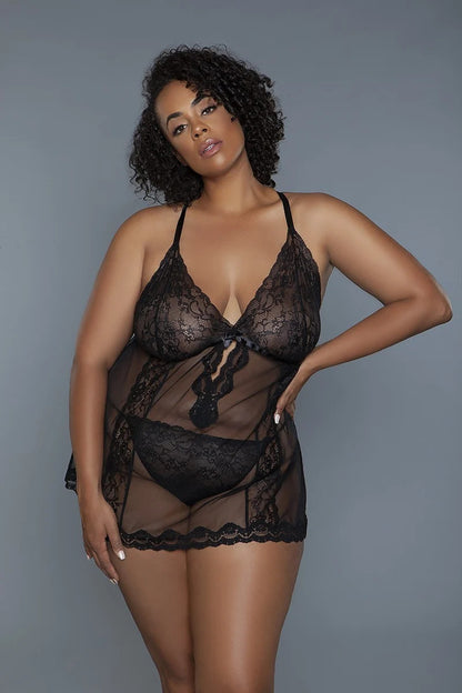 Curves Spice Lace And Mesh Plus Sheer Babydoll