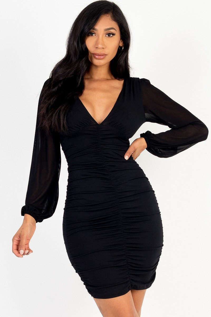 Keep It Simple Ruched Mesh Bell Sleeves V Neck Mini Dress