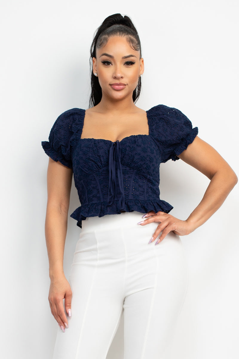 Jada Smocked Eyelet Square Neck Puff Sleeve Top