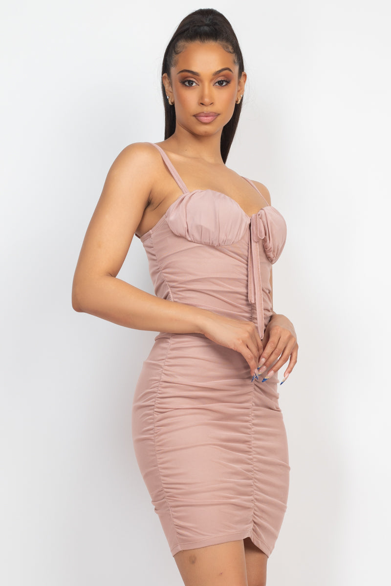 Casual Basics Sweetheart Neck Tie Front Ruched Mesh Mini Dress